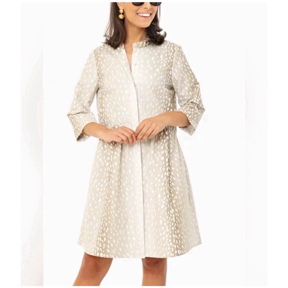 Tuckernuck Antelope Royal Shirt Dress Size S Tan White Fawn Animal Print